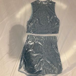 Blue crushed velvet skirt set